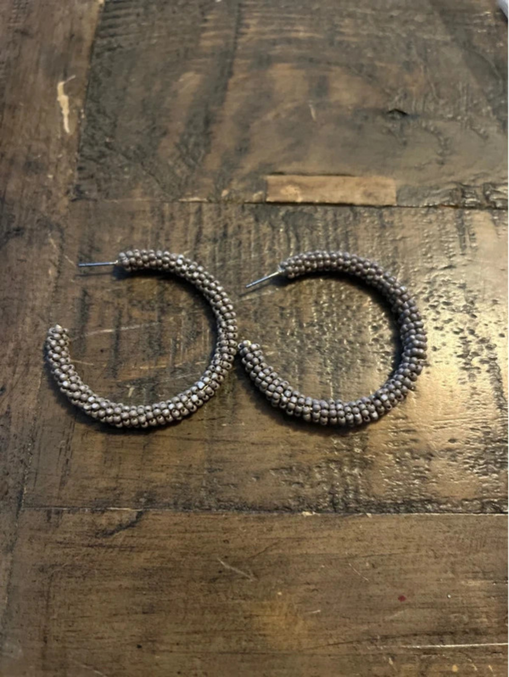Boho Gray Beaded C-Hoop Earrings ~ 1.5” Open Hoops (No Backings)